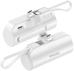 PHILIPS Charging Small Portable Charger Battery Pack Lipstick Like with Digital Display Compatible with iPhone 17/16/15, Samsung, ZTE, Google White,Mini Portable Charger 4900mAh Power Bank USB C v2
