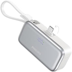 PHILIPS Charging Small Portable Charger Battery Pack Lipstick Like with Digital Display Compatible with iPhone 17/16/15, Samsung, ZTE, Google White,Mini Portable Charger 4900mAh Power Bank USB C v2