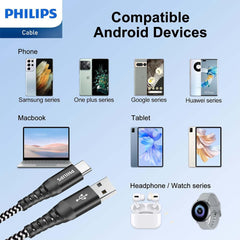 Philips 125cm USB-A/USB-C 480Mbps Fast Charge Cable for iPhone/Samsung Black, 3 Pack