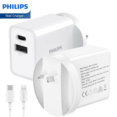 Philips 20W Power Adapter Wall Charger with 1.25m USB-C to Lightning Cable DLP4342L, USB-C Port Suits iPhone Duo