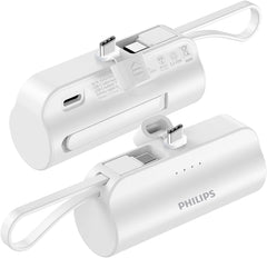 PHILIPS Charging Small Portable Charger Battery Pack Lipstick Like with Digital Display Compatible with iPhone 17/16/15, Samsung, ZTE, Google White,Mini Portable Charger 4900mAh Power Bank USB C v2