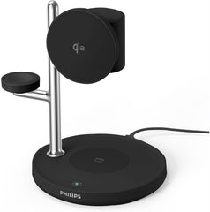 Philips 3 in 1 Reliable Wireless Charger, Qi Qi2 Certified 15W Fast Charging Station with Adjustable Night Light, MagSafe-Compatible Stand for iPhone 17/16/15, Apple Watch, AirPods, Samsung Galaxy