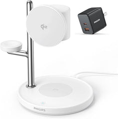 Philips 3 in 1 Reliable Wireless Charger, Qi Qi2 Certified 15W Fast Charging Station with Adjustable Night Light, MagSafe-Compatible Stand for iPhone 17/16/15, Apple Watch, AirPods, Samsung Galaxy