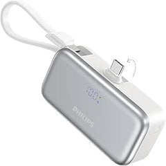PHILIPS Charging Small Portable Charger Battery Pack Lipstick Like with Digital Display Compatible with iPhone 17/16/15, Samsung, ZTE, Google White,Mini Portable Charger 4900mAh Power Bank USB C v2