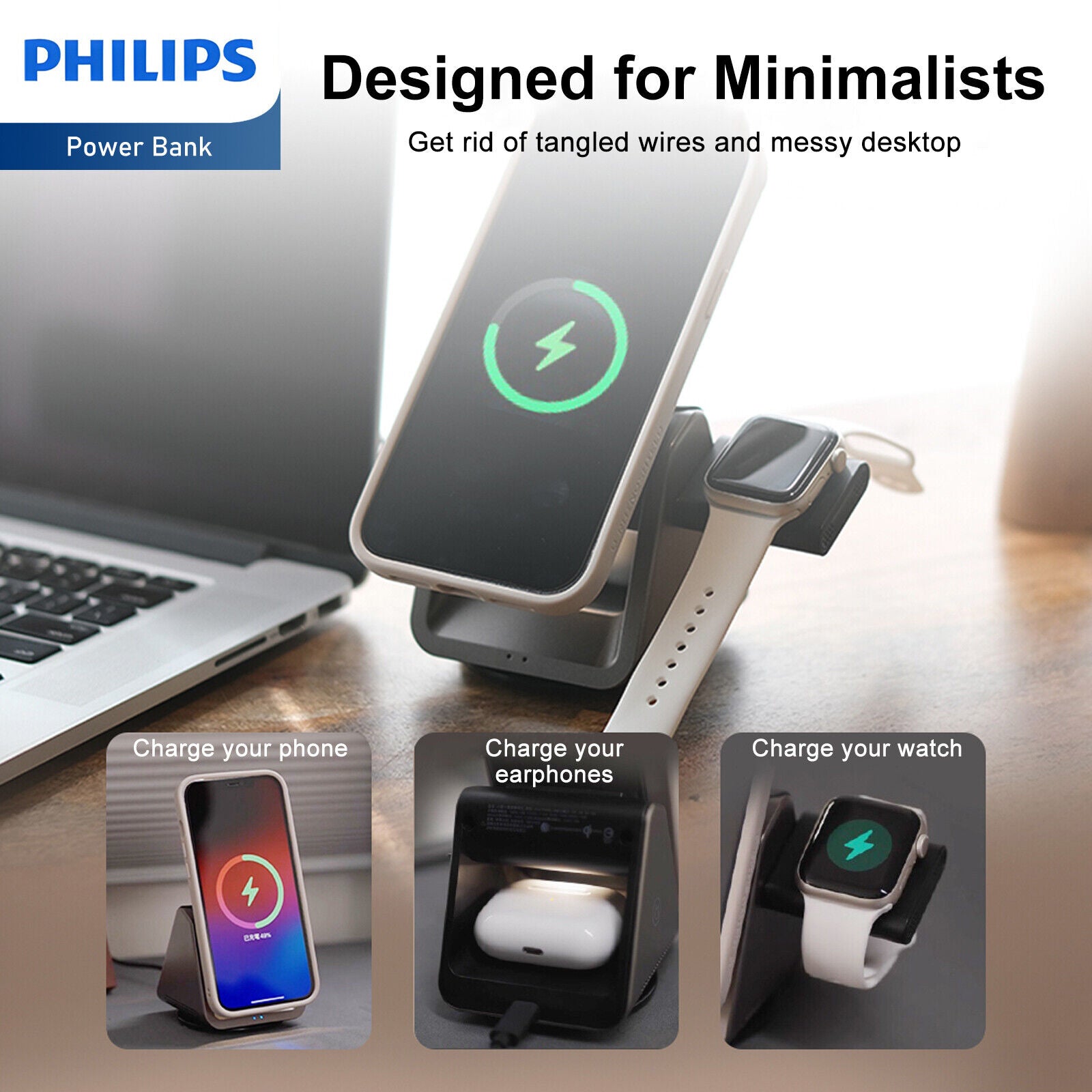 Philips 3 in 1 Magnetic Charging Wireless Stand For Airpod Apple DLK3540Q