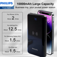 Philips Portable iPhone Charger Wireless DLP9520C Powerbank 10000mAh 5V/3A Fast Charge Phone Battery Pack, Portable Charger High Capacity Battery Rapid Type-C USB-C Charger
