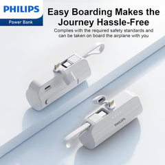 PHILIPS Charging Small Portable Charger Battery Pack Lipstick Like with Digital Display Compatible with iPhone 17/16/15, Samsung, ZTE, Google White,Mini Portable Charger 4900mAh Power Bank USB C v2