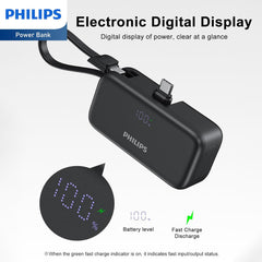 PHILIPS Charging Small Portable Charger Battery Pack Lipstick Like with Digital Display Compatible with iPhone 17/16/15, Samsung, ZTE, Google White,Mini Portable Charger 4900mAh Power Bank USB C v2