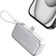 PHILIPS Charging Small Portable Charger Battery Pack Lipstick Like with Digital Display Compatible with iPhone 17/16/15, Samsung, ZTE, Google White,Mini Portable Charger 4900mAh Power Bank USB C v2