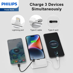PHILIPS Charging Small Portable Charger Battery Pack Lipstick Like with Digital Display Compatible with iPhone 17/16/15, Samsung, ZTE, Google White,Mini Portable Charger 4900mAh Power Bank USB C v2