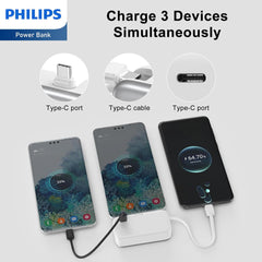 PHILIPS Charging Small Portable Charger Battery Pack Lipstick Like with Digital Display Compatible with iPhone 17/16/15, Samsung, ZTE, Google White,Mini Portable Charger 4900mAh Power Bank USB C v2