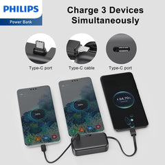PHILIPS Charging Small Portable Charger Battery Pack Lipstick Like with Digital Display Compatible with iPhone 17/16/15, Samsung, ZTE, Google White,Mini Portable Charger 4900mAh Power Bank USB C v2
