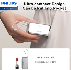 PHILIPS Charging Small Portable Charger Battery Pack Lipstick Like with Digital Display Compatible with iPhone 17/16/15, Samsung, ZTE, Google White,Mini Portable Charger 4900mAh Power Bank USB C v2