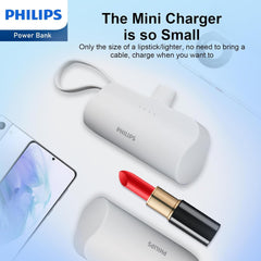 PHILIPS Charging Small Portable Charger Battery Pack Lipstick Like with Digital Display Compatible with iPhone 17/16/15, Samsung, ZTE, Google White,Mini Portable Charger 4900mAh Power Bank USB C v2