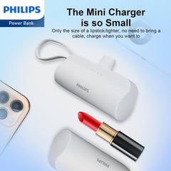 PHILIPS Charging Small Portable Charger Battery Pack Lipstick Like with Digital Display Compatible with iPhone 17/16/15, Samsung, ZTE, Google White,Mini Portable Charger 4900mAh Power Bank USB C v2