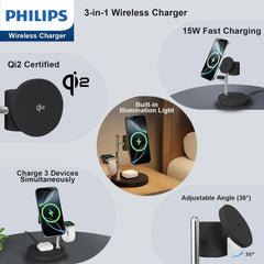 Philips 3 in 1 Reliable Wireless Charger, Qi Qi2 Certified 15W Fast Charging Station with Adjustable Night Light, MagSafe-Compatible Stand for iPhone 17/16/15, Apple Watch, AirPods, Samsung Galaxy