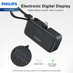 PHILIPS Charging Small Portable Charger Battery Pack Lipstick Like with Digital Display Compatible with iPhone 17/16/15, Samsung, ZTE, Google White,Mini Portable Charger 4900mAh Power Bank USB C v2