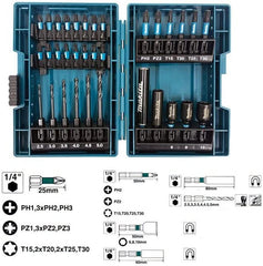Makita E-06622 Impact Driver Bit Socket Drill Bit Set of 33 Hexagonal Shaft 0.25 inch (6.35 mm) Case Included