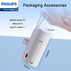 PHILIPS Charging Small Portable Charger Battery Pack Lipstick Like with Digital Display Compatible with iPhone 17/16/15, Samsung, ZTE, Google White,Mini Portable Charger 4900mAh Power Bank USB C v2