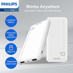 Philips Powerbank 10000mAh Power Bank USB Portable Reliable 5V 2.1A DLP1810NW (White)