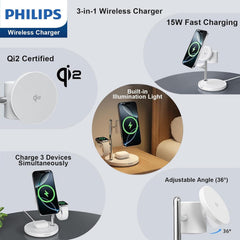 Philips 3 in 1 Reliable Wireless Charger, Qi Qi2 Certified 15W Fast Charging Station with Adjustable Night Light, MagSafe-Compatible Stand for iPhone 17/16/15, Apple Watch, AirPods, Samsung Galaxy
