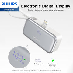 PHILIPS Charging Small Portable Charger Battery Pack Lipstick Like with Digital Display Compatible with iPhone 17/16/15, Samsung, ZTE, Google White,Mini Portable Charger 4900mAh Power Bank USB C v2