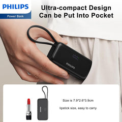PHILIPS Charging Small Portable Charger Battery Pack Lipstick Like with Digital Display Compatible with iPhone 17/16/15, Samsung, ZTE, Google White,Mini Portable Charger 4900mAh Power Bank USB C v2