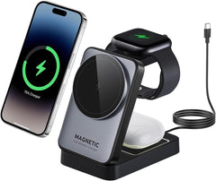 BUCKKO 3 in 1 Wireless Charging Station Compatible with Magsafe Qi | iPhone | iWatch |Airpod | Foldable 3 in 1 Black