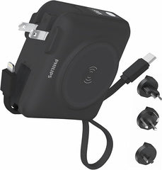 PHILIPS Power Bank Wireless| 15000mAh Powerbank Built-in Cable 5 in 1 Portable Battery Pack, Magnetic Universal Travel Fast Charging Adapter (UK,EU,AU) Compatible with MagSafe iPhone,Airpod, iwatch