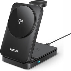 PHILIPS Compatible with qi/qi2 Magsafe Charger 3 in 1 Wireless Charging Station Portable Foldable Travel Charger Pad Magsafe Charging Stand for Apple Multiple Devices Fits iPhone 17 16 iWatch AirPods
