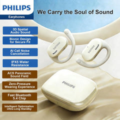 Philips Open-Ear Headphones, Adjustable Ear Hooks, Ultra-Comfort, Snug Fit, Powerful Sound, Clear Calls, IP55, LED Lights, 22H Playtime, Bluetooth 5.4 Earbuds, Multipoint Connection -White