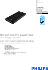 Philips Powerbank 10000mAh Power Bank USB Portable Reliable 5V 2.1A DLP1810NW (White)