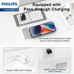 PHILIPS Charging Small Portable Charger Battery Pack Lipstick Like with Digital Display Compatible with iPhone 17/16/15, Samsung, ZTE, Google White,Mini Portable Charger 4900mAh Power Bank USB C v2