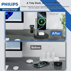 Philips 3 in 1 Reliable Wireless Charger, Qi Qi2 Certified 15W Fast Charging Station with Adjustable Night Light, MagSafe-Compatible Stand for iPhone 17/16/15, Apple Watch, AirPods, Samsung Galaxy