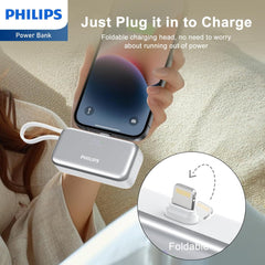 PHILIPS Charging Small Portable Charger Battery Pack Lipstick Like with Digital Display Compatible with iPhone 17/16/15, Samsung, ZTE, Google White,Mini Portable Charger 4900mAh Power Bank USB C v2