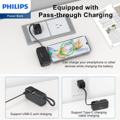 PHILIPS Charging Small Portable Charger Battery Pack Lipstick Like with Digital Display Compatible with iPhone 17/16/15, Samsung, ZTE, Google White,Mini Portable Charger 4900mAh Power Bank USB C v2