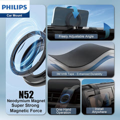 Philips Car Dashboard Phone Holder Stand Mount, Gravity Bracket, Secure, Adjustable, Long Arm iPhone, Android Black