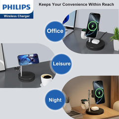 Philips 3 in 1 Reliable Wireless Charger, Qi Qi2 Certified 15W Fast Charging Station with Adjustable Night Light, MagSafe-Compatible Stand for iPhone 17/16/15, Apple Watch, AirPods, Samsung Galaxy