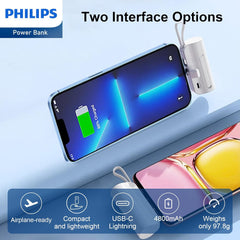 PHILIPS Charging Small Portable Charger Battery Pack Lipstick Like with Digital Display Compatible with iPhone 17/16/15, Samsung, ZTE, Google White,Mini Portable Charger 4900mAh Power Bank USB C v2