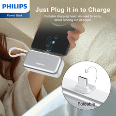 PHILIPS Charging Small Portable Charger Battery Pack Lipstick Like with Digital Display Compatible with iPhone 17/16/15, Samsung, ZTE, Google White,Mini Portable Charger 4900mAh Power Bank USB C v2