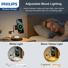 Philips 3 in 1 Reliable Wireless Charger, Qi Qi2 Certified 15W Fast Charging Station with Adjustable Night Light, MagSafe-Compatible Stand for iPhone 17/16/15, Apple Watch, AirPods, Samsung Galaxy