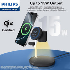 Philips 3 in 1 Reliable Wireless Charger, Qi Qi2 Certified 15W Fast Charging Station with Adjustable Night Light, MagSafe-Compatible Stand for iPhone 17/16/15, Apple Watch, AirPods, Samsung Galaxy