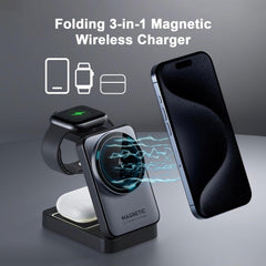 BUCKKO 3 in 1 Wireless Charging Station Compatible with Magsafe Qi | iPhone | iWatch |Airpod | Foldable 3 in 1 Black