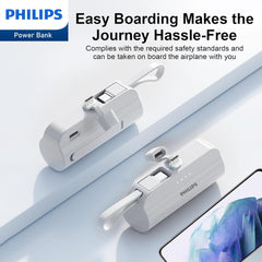 PHILIPS Charging Small Portable Charger Battery Pack Lipstick Like with Digital Display Compatible with iPhone 17/16/15, Samsung, ZTE, Google White,Mini Portable Charger 4900mAh Power Bank USB C v2