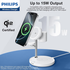 Philips 3 in 1 Reliable Wireless Charger, Qi Qi2 Certified 15W Fast Charging Station with Adjustable Night Light, MagSafe-Compatible Stand for iPhone 17/16/15, Apple Watch, AirPods, Samsung Galaxy