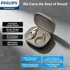 Philips Open‑Ear Bluetooth Earbuds/Earphone/Headphone, Adjustable Ear Hooks, Strong Bass, Clear Calling, LED Effects, IP55 Water Resistance & 36H Battery – Gold