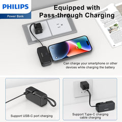 PHILIPS Charging Small Portable Charger Battery Pack Lipstick Like with Digital Display Compatible with iPhone 17/16/15, Samsung, ZTE, Google White,Mini Portable Charger 4900mAh Power Bank USB C v2