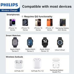 Philips 3 in 1 Reliable Wireless Charger, Qi Qi2 Certified 15W Fast Charging Station with Adjustable Night Light, MagSafe-Compatible Stand for iPhone 17/16/15, Apple Watch, AirPods, Samsung Galaxy