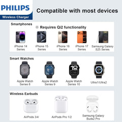 PHILIPS Compatible with qi/qi2 Magsafe Charger 3 in 1 Wireless Charging Station Portable Foldable Travel Charger Pad Magsafe Charging Stand for Apple Multiple Devices Fits iPhone 17 16 iWatch AirPods