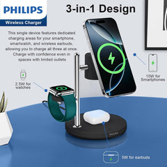Philips 3 in 1 Reliable Wireless Charger, Qi Qi2 Certified 15W Fast Charging Station with Adjustable Night Light, MagSafe-Compatible Stand for iPhone 17/16/15, Apple Watch, AirPods, Samsung Galaxy